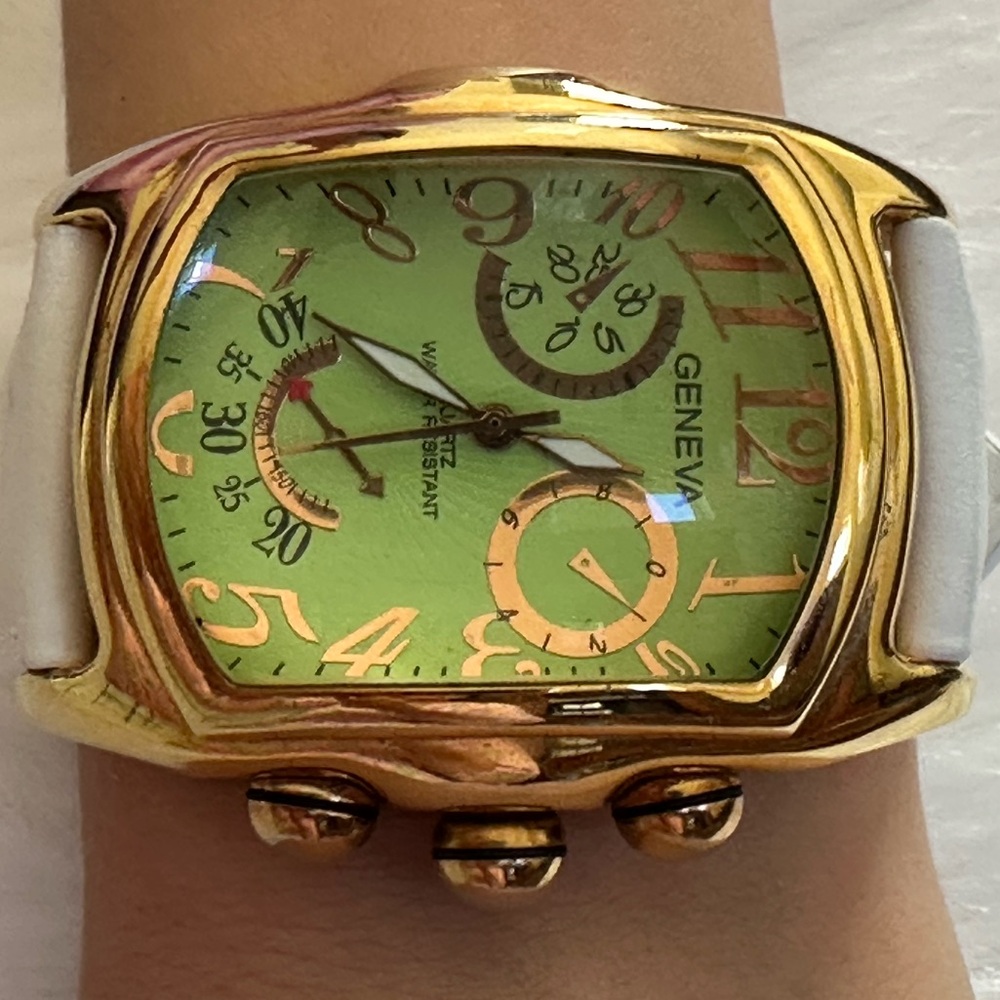 Geneva Gold and Green Chronograph Watch with White Band - Picture 8 of 11